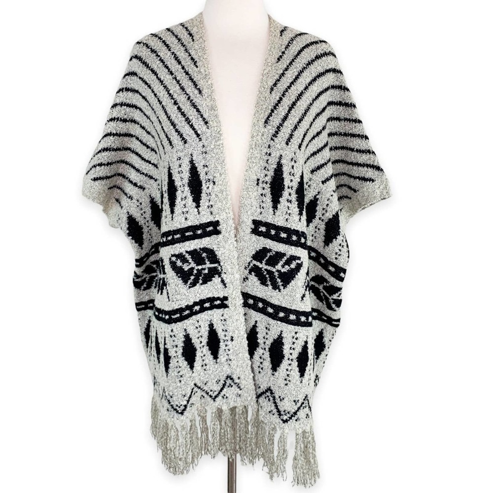 Vintage WOOL Poncho Kimono South Western Boho Fringe Boucle OS Medium